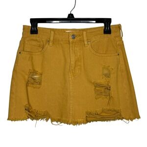 PacSun Mustard Yellow Distressed Denim Mini Skirt Raw Hem Size 26 Festival